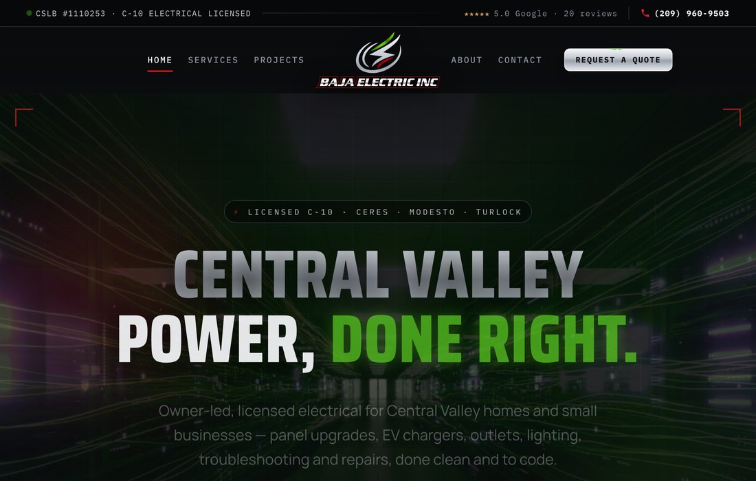 Baja Electric website homepage — licensed C-10 electrician in Ceres, CA