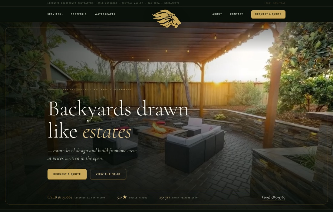Green Lion Landscape website homepage — 'Backyards drawn like estates'