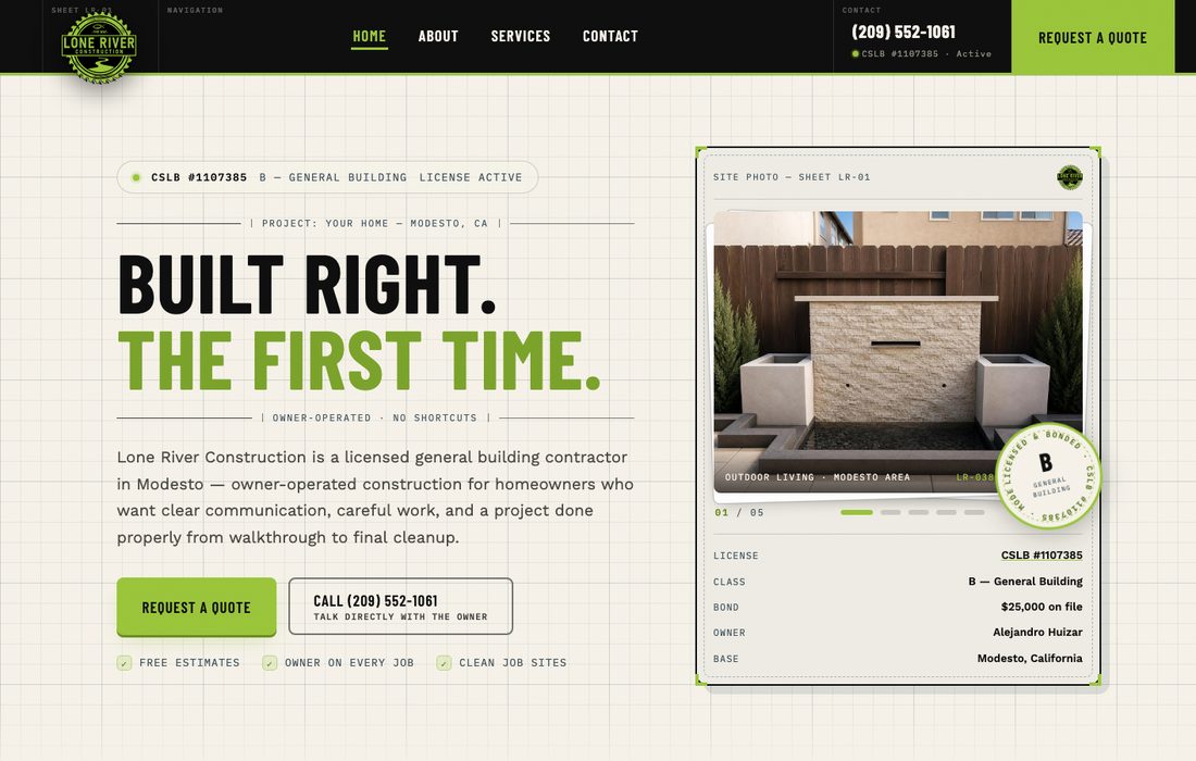 Lone River Construction website homepage — licensed general contractor in Modesto, CA