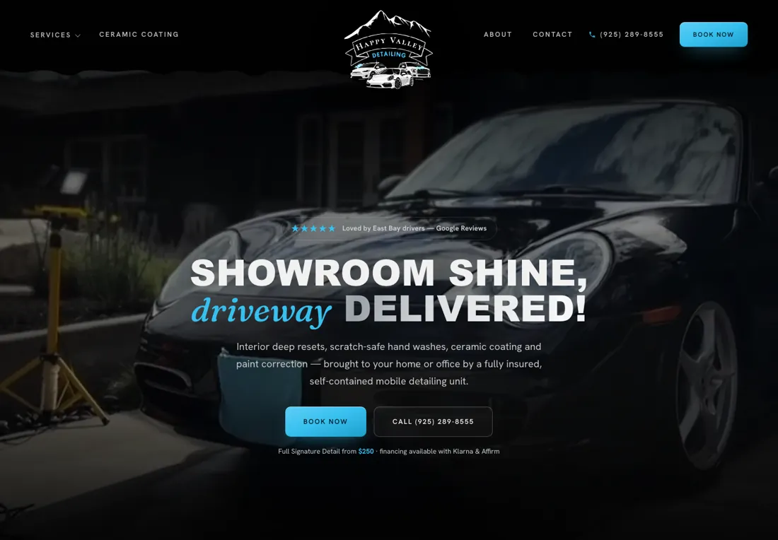 Happy Valley Detailing website homepage — 'Showroom shine, driveway delivered'