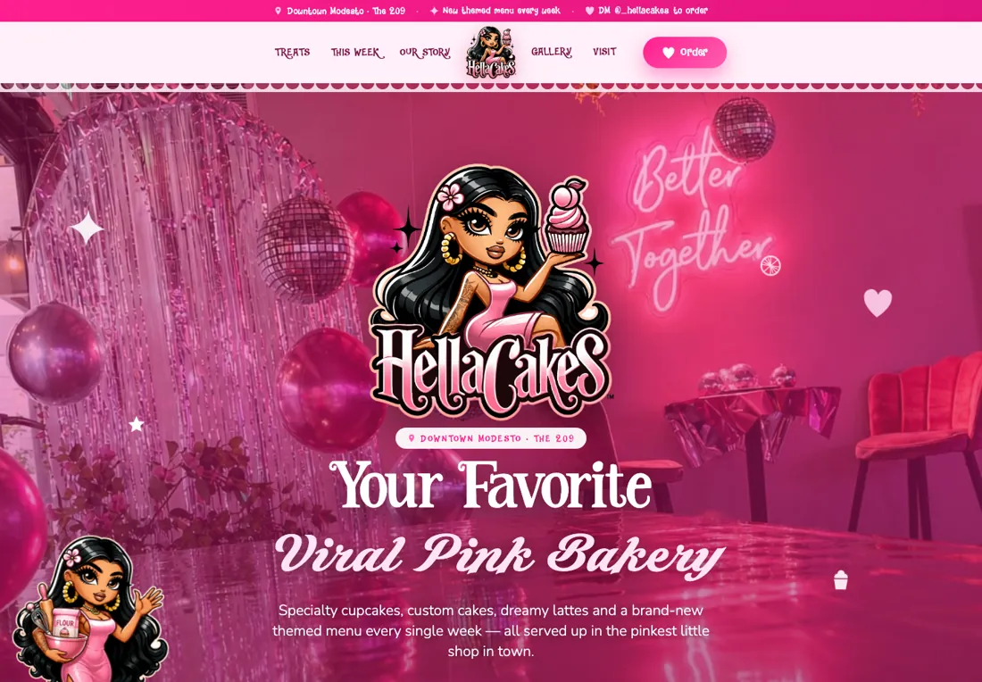 Hella Cakes bakery website homepage — 'Your Favorite Viral Pink Bakery'